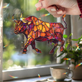 Bull Acrylic Suncatcher, Stained Glass Style Red and Orange Animal Window Hanging, Zodiac Taurus Home Décor Gift for Strength and Power